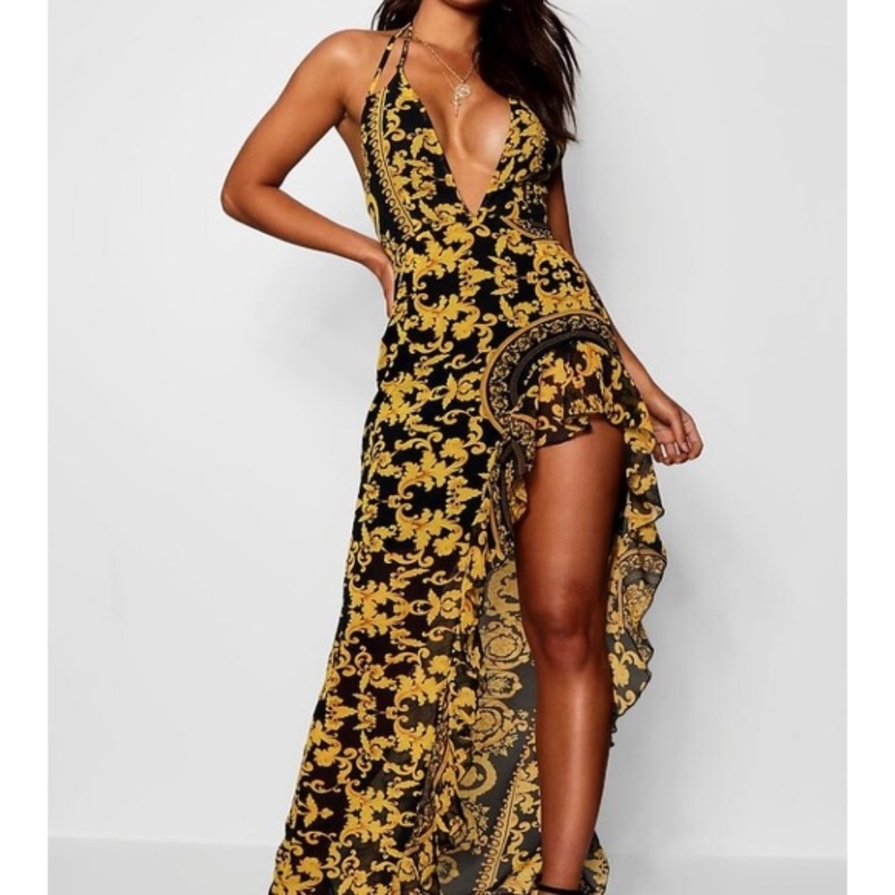 Baroque Print Ruffle Maxi Dress size 6